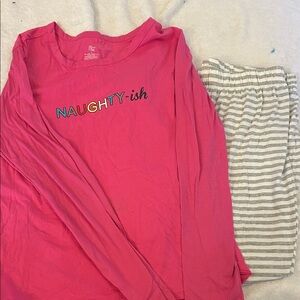 Women’s Pink 'Naughty-ish' Long Sleeve Top and Striped Pajama Set